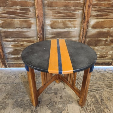 Round Wooden Table with Orange Stripes 24W x 23.75H