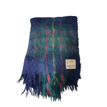 Vintage Glentana Scotland MOHAIR Wool Plaid Lap Blanket Throw Rug, Blue Green 