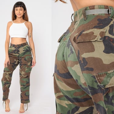 Camo Army Pants 90s Cargo Pants Military Combat Olive Green Camouflage Drawstring Ankle Vintage 1990s Small Regular - 27-31