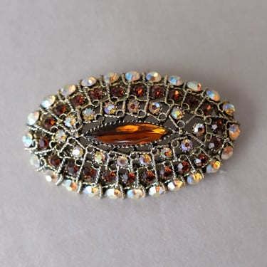 Vintage 1960's Oval Brooch with Amber Rhinestones