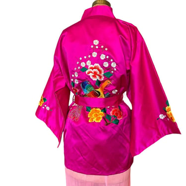 cropped satin robe, kimono sleeve, vintage asian jacket, magenta, peacock embroidery, medium,  loungewear, mid century fashion 