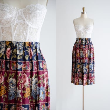 cute cottagecore skirt | 80s 90s plus size vintage navy blue burgundy floral pleated midi skirt 