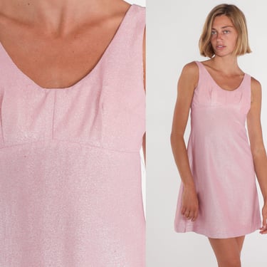 Sparkly Pink Dress 60s Party Dress Mod Mini Babydoll Glitter Empire Waist Metallic Sixties Twiggy Sleeveless Vintage 1960s Extra Small xs 