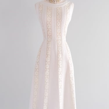 Lovely 1950's Ivory Linen & Lace Dress by Carlye / Sz M
