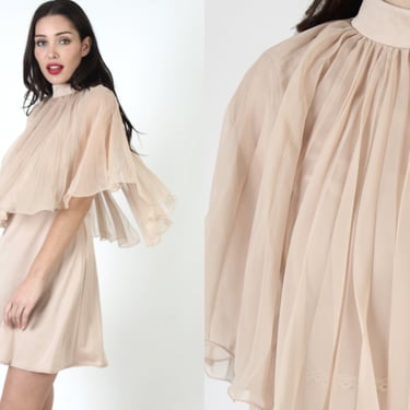 Nude Chiffon Micro Mini Dress / Accordion Pleated Capelet Bodice / Vintage 70s Cocktail Party Outfit / Sexy Short Go Go Frock 