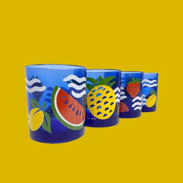 Vintage Cerve Drinking Glasses Retro 1980s Contemporary + Colorful Fruit Design + Blue Glass + Set of 4 + Kitchen + Water Tumblers + Juice 