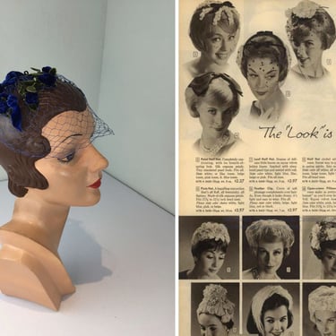 The Look is Young - Vintage 1950s 1960s Royal Blue Floral Spray Whimsie Fascinator 