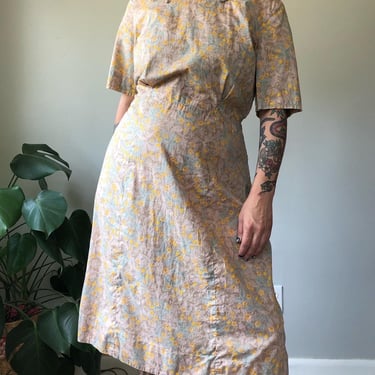 Vintage 50's Cotton Dress / Leaves and Flowers / 1950's Cotton Dress / Large - XL by Ru