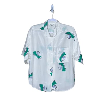 Vintage 80's Stuart Lang White Green Abstract Geometric Button Down Blouse Shirt, Size 12 