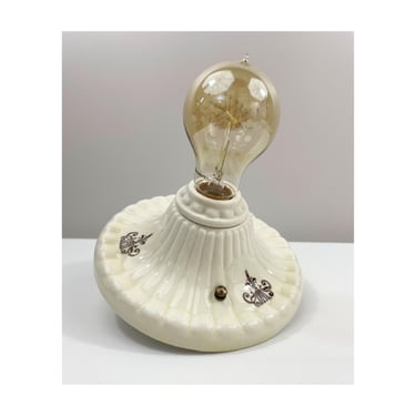 Refurbished Bare Bulb Flush Mount Porcelier Porcelain Fixture - Deco Era - Ivory with Brown Design - Ready to Hang - 1930's 
