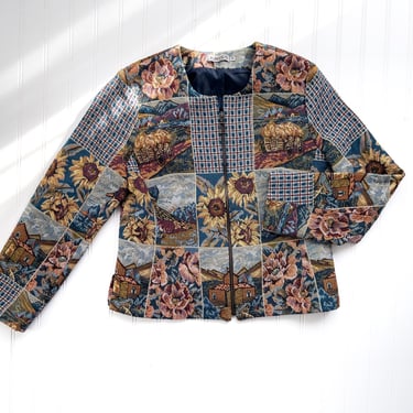 tapestry jacket 90s vintage Kriss duck sunflower farm cottagecore cropped coat 