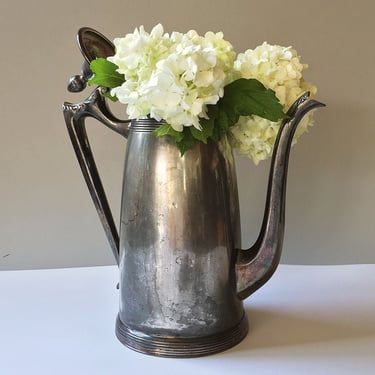 Decorative old metal teapot w/ worn tarnished silver plate. Unique upcycled pitcher vase for rustic country & cottage chic home decor 