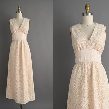 vintage 1960s Dress | Ivory Embossed Filigree Full Length Bridesmaid Wedding Dress | Small 