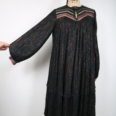 70s Vintage Phool Indian Black Boho Midi Dress Rainbow Lurex Boho Bohemian Hippie Hippy Woodstock Retro 