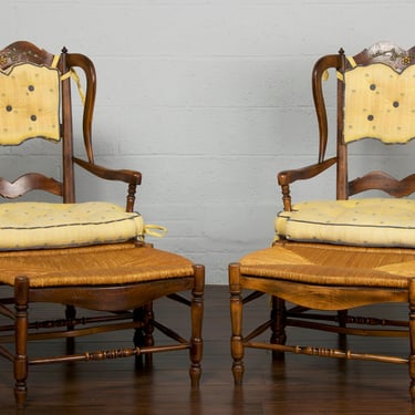 Country French Provincial Maple Rush Wingback Armchairs W/ Ottomans - A Pair 