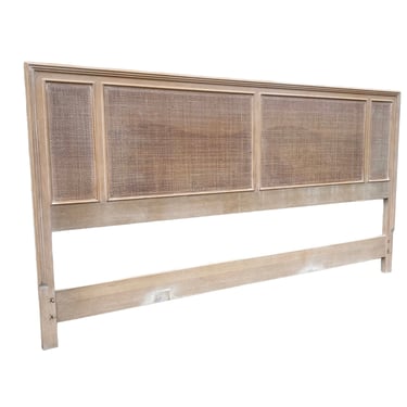 Vintage King Headboard by Drexel Transitions - White Wash Wood and Rattan Coastal Bedroom Furniture 
