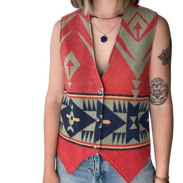 Vintage 1990s Western Rodeo Cowgirl Bohemian Plaid Aztec Vest Made in Texas Sz M 