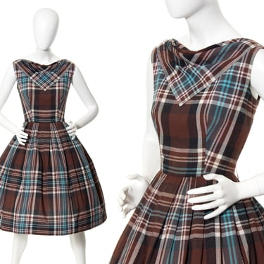 Vintage 1950s Day Dress | 50s Swiss Dot Cotton Plaid Tartan Brown Fit Flare Cowl Neck Sleeveless Full Skirt Fall Autumn Sundress (medium) 