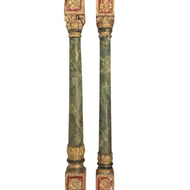 Antique Rustic Spanish Colonial Carved Polychrome Faux Marble Gilded Wood Column Architectural Salvage Element Pair - Wall Hanging Panels 