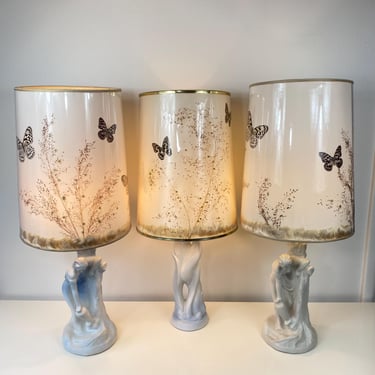 Vintage Van Briggle 1960s Pottery Ceramic Lamp Set of 3, Rebecca at the Well, Butterfly Lamp Shade, 80s Bedroom Decor, Blue/White Pottery 