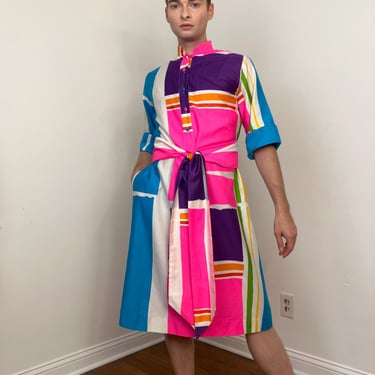 70s Katerine Ogust for Penthouse Gallery rainbow dress with matching belt tie 