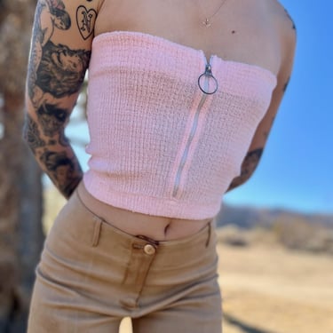 70s Terry Cloth Tube Top / Pink Towel Crop Top / O Ring Zipper Tube Top 