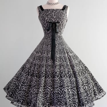 Stunning 1950's Black Lattice Lace Print Party Dress By Young Modes / Small