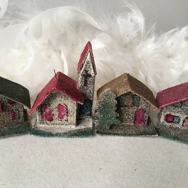 Vintage Mini Putz Set Of 4, Church And 3 Houses, Made In Japan, Oranments Or Free Standing 