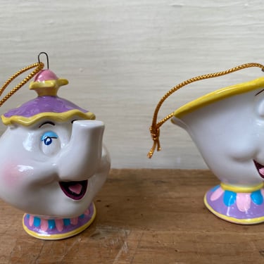 Vintage Schmid Beauty And The Beasts Ceramic Ornaments, Mrs. Potts And Chip, by the The Walt Disney Company, made in Sri Lanka 