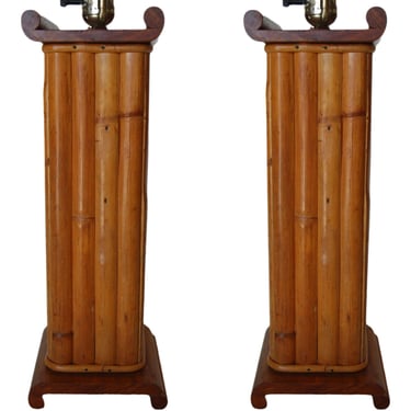 Pair of Restored Demi Inspired Rattan and Mahogany Table Lamps, Pair 