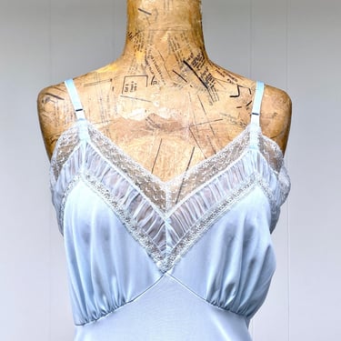 Vintage 1950s Luxite Full Slip, Blue Nylon w/Floral Lace, Mid-Century Bombshell Lingerie, Small 34
