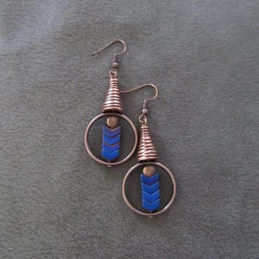 Copper geometric industrial earrings royal blue hematite 