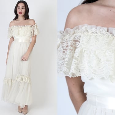 Lorrie Deb Wedding Dress / Off The Shoulder Lace Gown / Floral Crochet Scallop Capelet / Vintage 70s Bridesmaids Party Outfit 