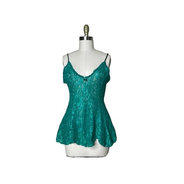 Vintage Shirley of Hollywood Lingerie Emerald Green Lace Chemise Baby Doll Nightgown size m 