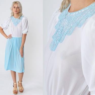Puff Sleeve Dress 70s Midi Dress Semi-Sheer White Blue Floral Lace Doily Applique High Waisted Day Dress Retro Summer Vintage 1970s Small S 