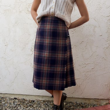 Vintage James Dagliesh Wool Plaid Tartan Pleated High Waisted Wrap Skirt 