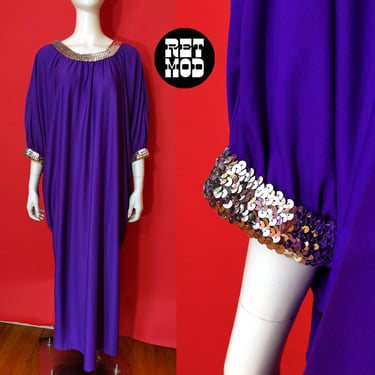 Chic Vintage 70s Purple Caftan with Silver Sequin Trim 