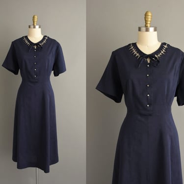 vintage 1950s dress | Caldwell Navy Blue Cotton Rhinestone Shirt Dress | XL | 50s dress 