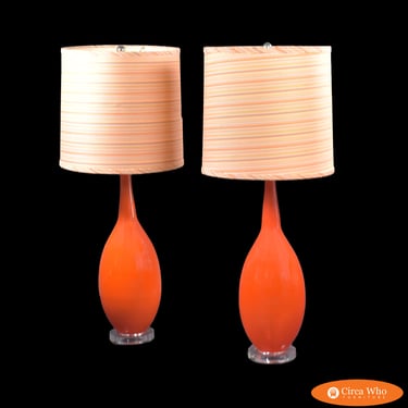 Pair of Vintage Orange on Lucite MCM Table Lamps