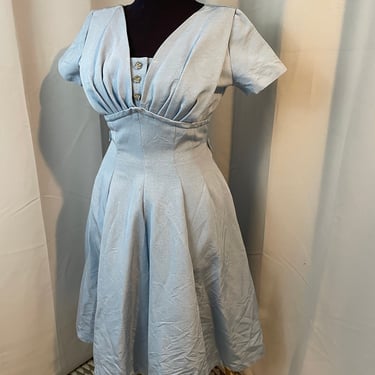 1950s vintage Blue Silk Moire Party Dress with Silver Rhinestones M L 