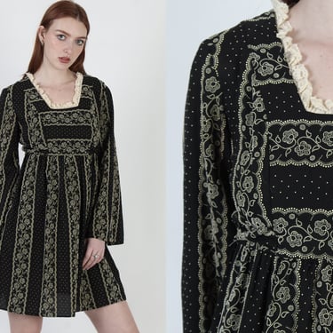 70s Romantic Renaissance Short Dress, Medieval Style Festival Floral Bell Sleeve Mini Dress 