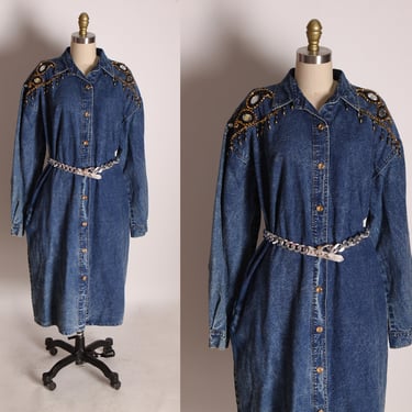 1980s Blue Denim Long Sleeve Button Up Front Black, Gold and Silver Beaded Paisley Fringe Bedazzled Dress by Tasty -L 