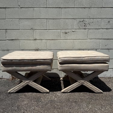 Pair of Vintage X Base Stools Ottoman  Makeup Vanity Seats Bed Bench Hassock Footstool Boho Hollywood Regency Chic CUSTOM UPHOLSTERY Avail 