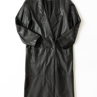 Vintage Black Leather Trench with Notched Lapel
