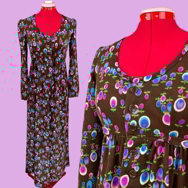 Vintage 1960s Psychedelic Babydoll Long Sleeved Hippie Maxi Dress Gift 