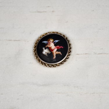 Antique Hand Painted Porcelain Cherub Collar Button Brooch C 1880-1899 Angel Pin Georgian Gold Plated Sterling Silver RARE Collectible 