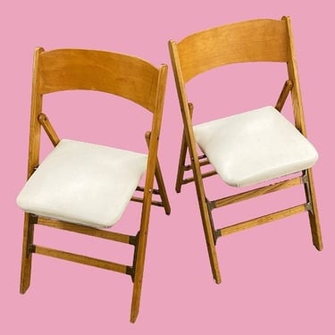 Vintage Folding Chairs Retro 1960s Mid Century Modern + Brown Wood Frame + White Leather Seat + Set of 2 + MCM Seating + Fold Up 