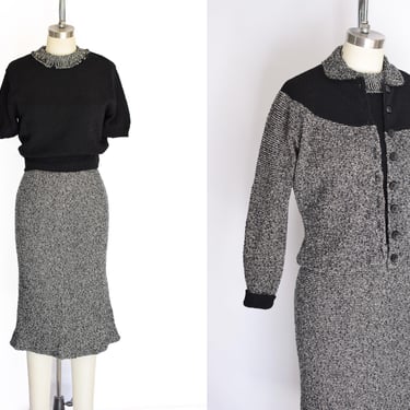 Vintage 1950s Wool Knit 3 Piece Skirt Set | S | 50s Knitwear Skirt, Blouse and Jacket | Wiggle | Fitted 