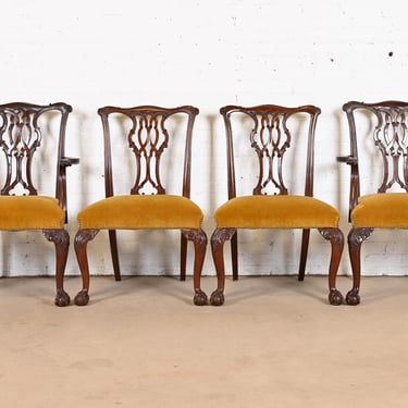 Baker Furniture Chippendale Carved Mahogany Dining Chairs, Set of Four