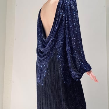 80s 90s Vintage Beaded Sequin Gown Dress Medium Large By Bob Mackie Blue Black Rhinestones Long Sleeve Blue Beaded Conservative Draped Gown 